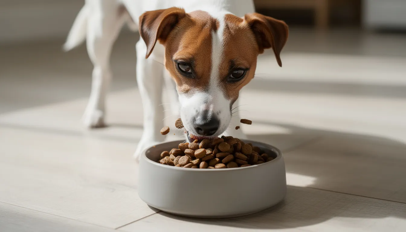 A Jack Russell Terrier is happily eating high-quality kibble from a dog bowl, showcasing its energetic personality and keen focus on the food. The small dog, known for its intelligence and playful nature, has a smooth coat with distinctive tan markings.