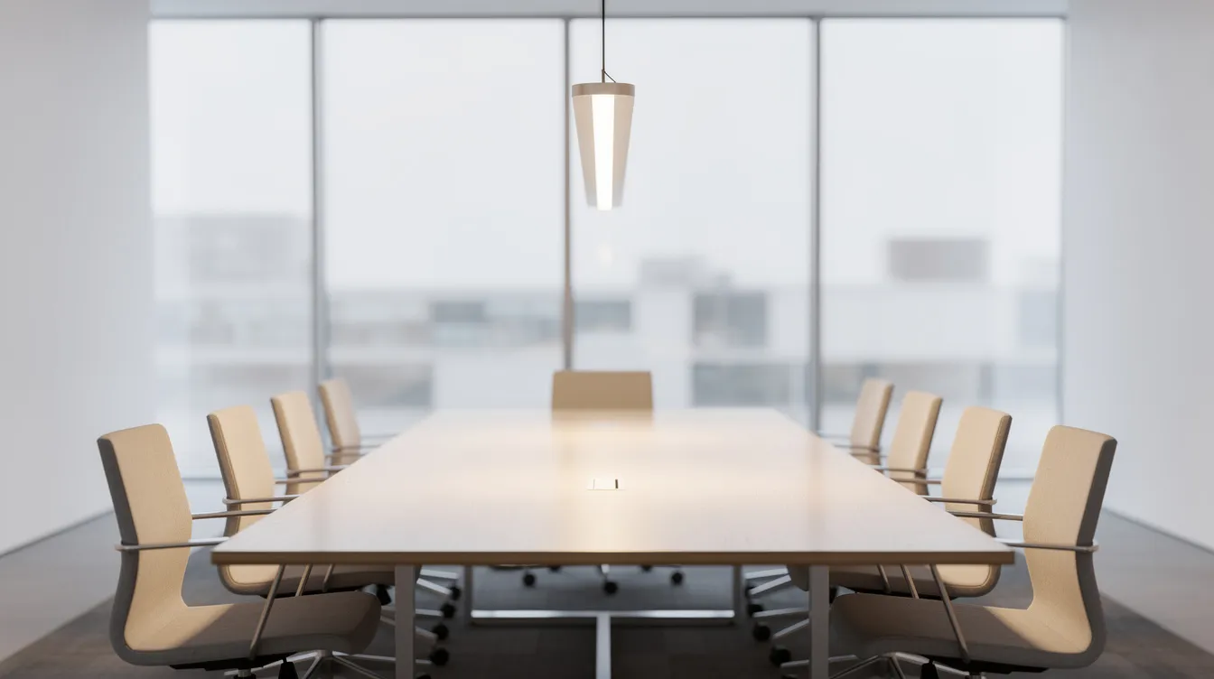 En elegant pendellampa hänger över ett konferensbord, omgiven av stolar, vilket skapar en stilren och funktionell belysning för kontoret. Lampans design bidrar till en modern atmosfär i rummet, där den ger ett varmt och inbjudande ljus.