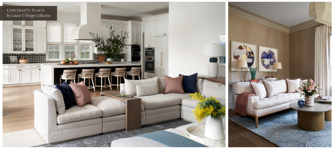 A bright kitchen and living space with a neutral sectional and light wood finishes.