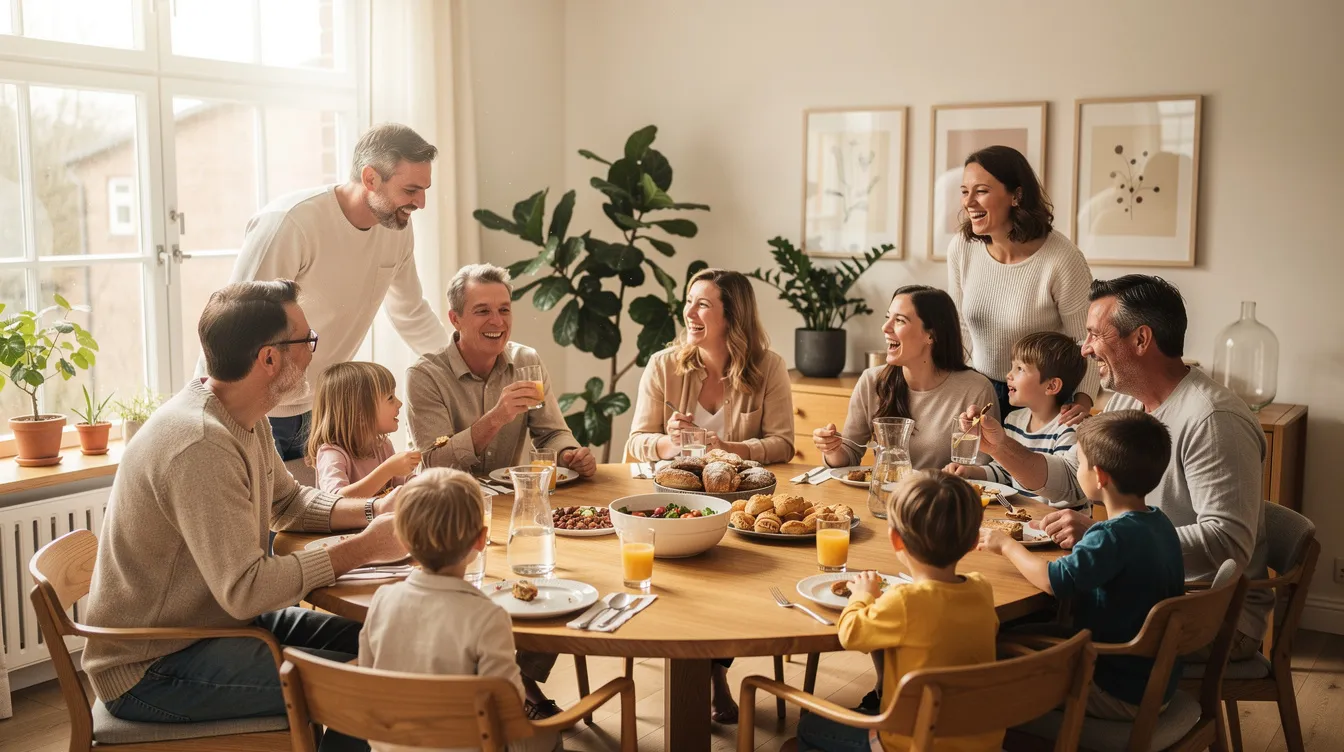 En familj och flera vänner sitter samlade runt ett stort, runt matbord av trä med en diameter på 180 cm i en ljus och inbjudande matsal. Atmosfären är social och varm, vilket skapar en känsla av gemenskap och glädje bland de närvarande.