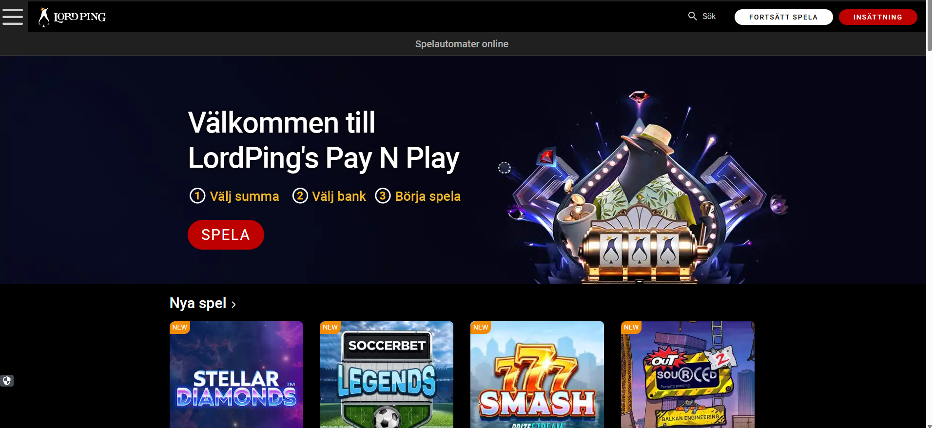 Lord Pings startsida med Pay N Play och nya casinospel.