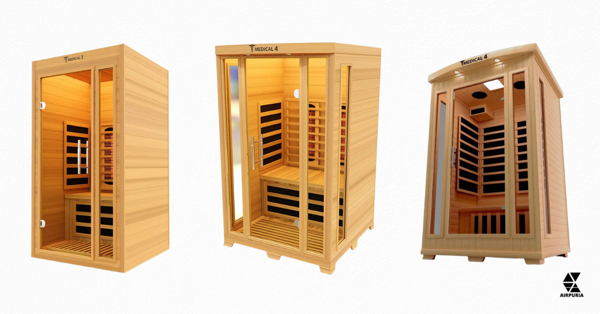 An image providing a few different free shipping medical sauna options from Airpuria.