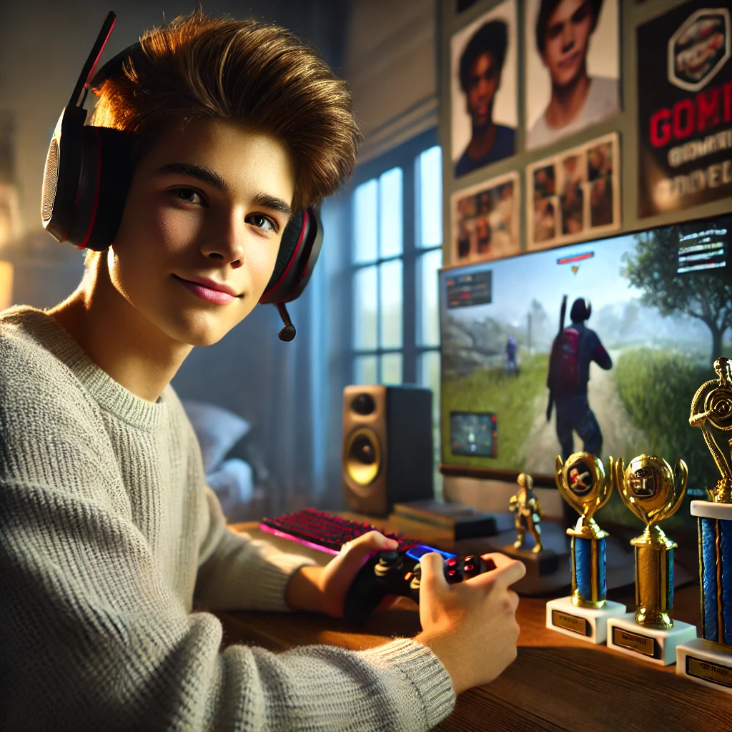 Image of son with a video game addiction in New York City. Teen played on computer.