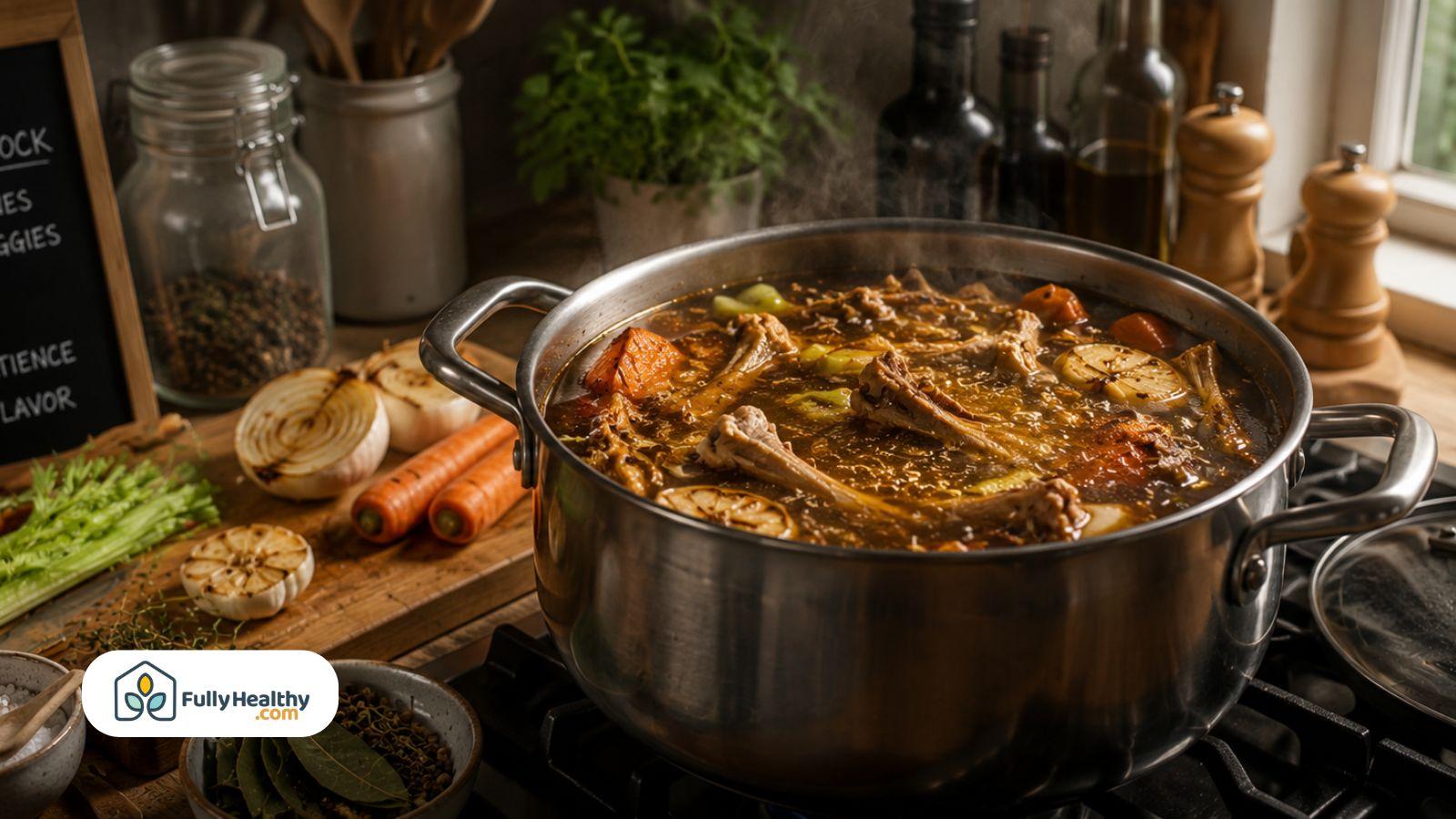 Homemade chicken stock simmering with vegetables in large pot