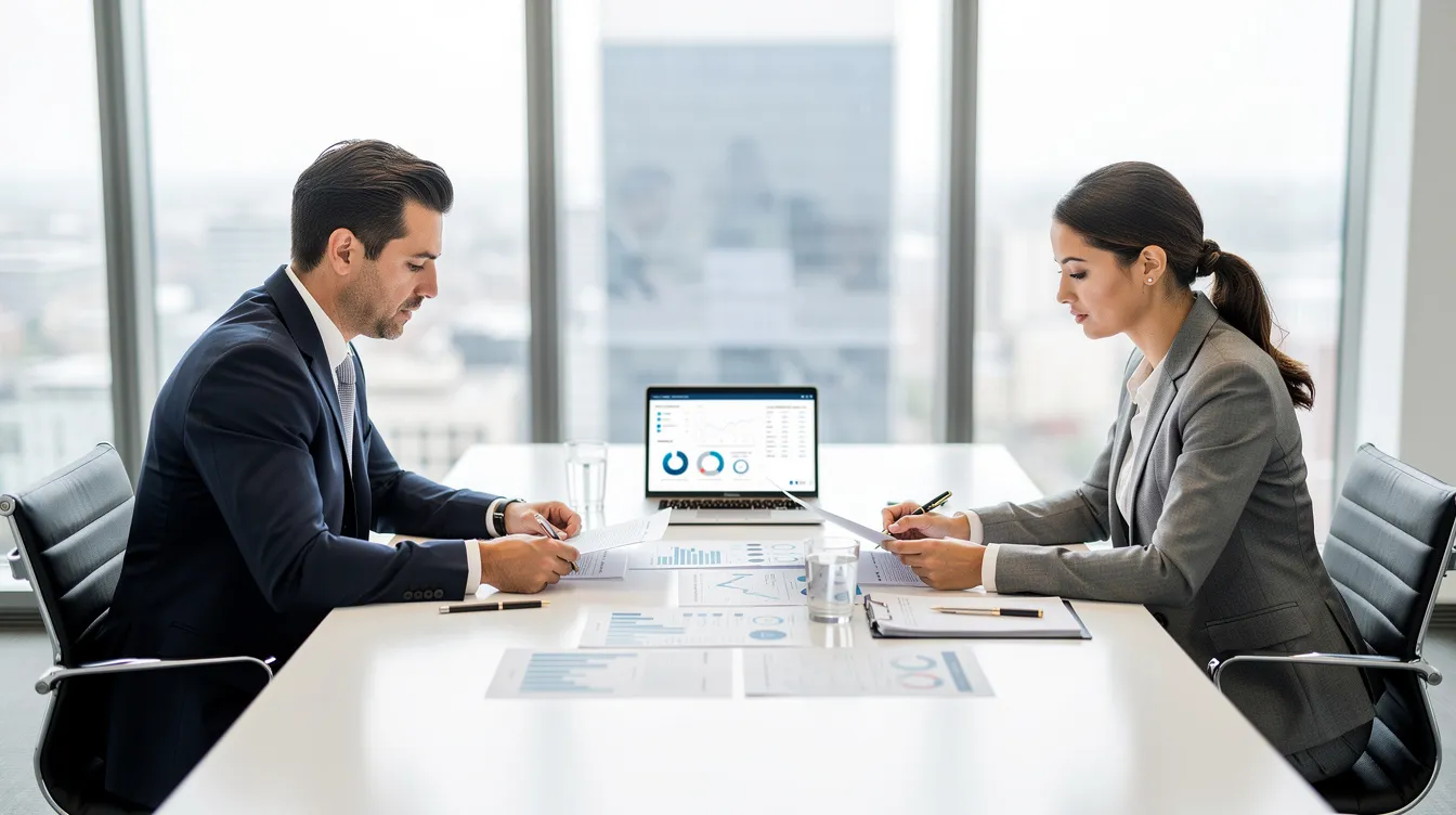 The image depicts a professional meeting room where two business people are engaged in reviewing financial documents across a table, highlighting the collaborative efforts in securing 中小企融資 and discussing potential loan applications. The environment reflects a serious atmosphere conducive to business discussions and decision-making.