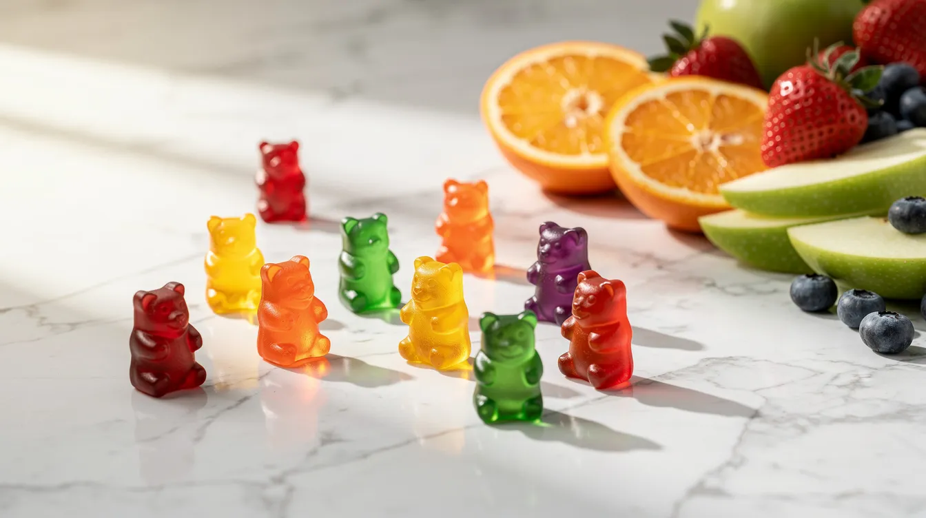 The image displays an array of colorful gummy bear vitamins, known for their health benefits, arranged on a white marble countertop alongside fresh fruits. These vitamin gummies, which include essential nutrients like vitamin C and vitamin D, are a tasty and low sugar option for improving overall well-being and supporting gut health.