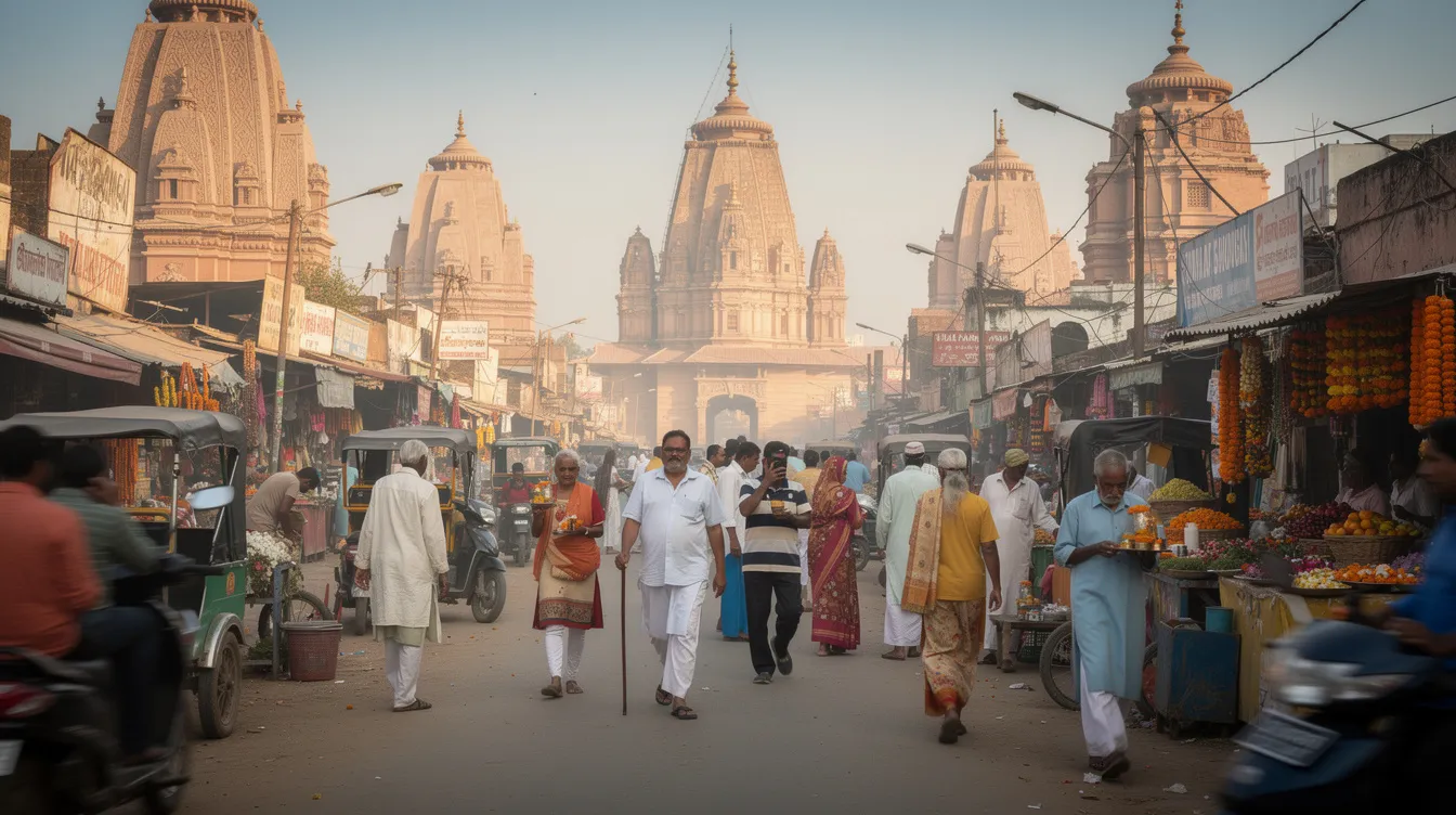 A group of tourists explores a vibrant pilgrimage town in India, with majestic temple spires rising in the background, showcasing the rich cultural heritage of the hospitality industry in the region. The scene captures the essence of tourism and the spiritual significance of the location.