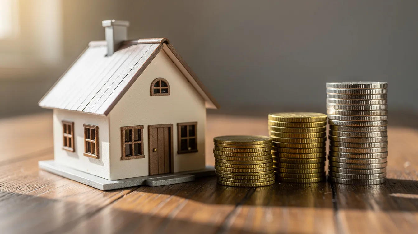 A small model house is placed next to a stack of coins on a wooden surface, symbolizing investment in real estate. This image represents the concept of hard money loans, often utilized by real estate investors for purchasing investment properties or financing fix and flip projects.