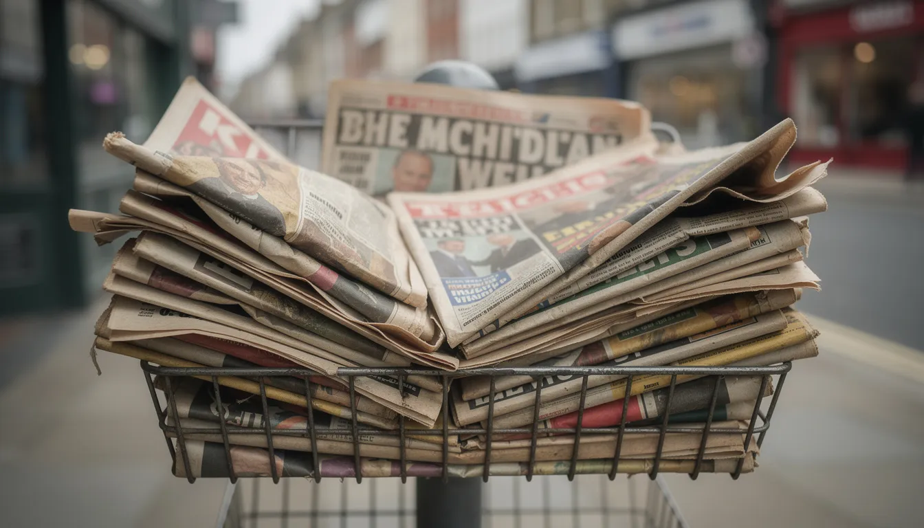 The image shows a stack of old British tabloid newspapers piled on a newsstand, capturing the essence of sensational journalism that often covered topics like the phone hacking scandal involving News of the World and private investigators. These newspapers serve as a historical reminder of the controversies surrounding the British press and unlawful information gathering practices.