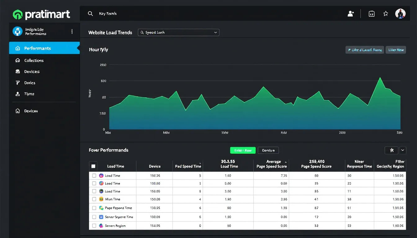 The image depicts a performance monitoring dashboard displaying website speed trends over time, highlighting metrics related to site speed, load times, and performance optimization for a WooCommerce store. Various graphs and data points illustrate the impact of factors such as caching plugins, server resources, and content delivery networks on the overall performance of the WordPress website.