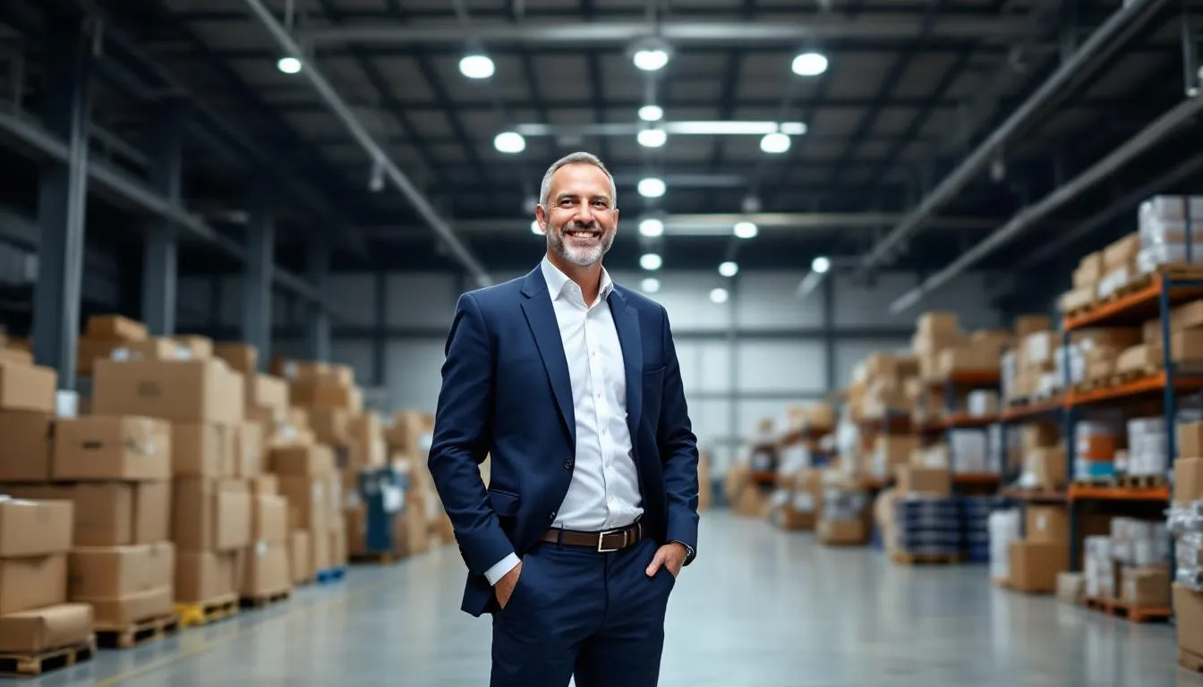 A happy wholesale business owner stands confidently on the warehouse floor, surrounded by inventory and equipment, symbolizing success and growth in their industry. This image reflects the benefits of effective wholesale financing and the importance of cash flow management for small businesses.