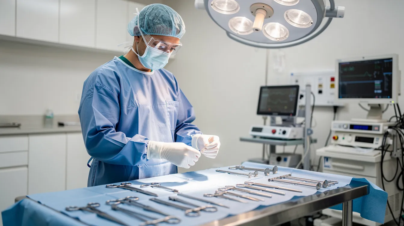 A board-certified plastic surgeon stands in a sterile operating room, preparing for an arm liposuction procedure. The surgeon is equipped with surgical tools and is focused on achieving body contouring goals, aiming to remove excess fat and address loose skin in the upper arm area.