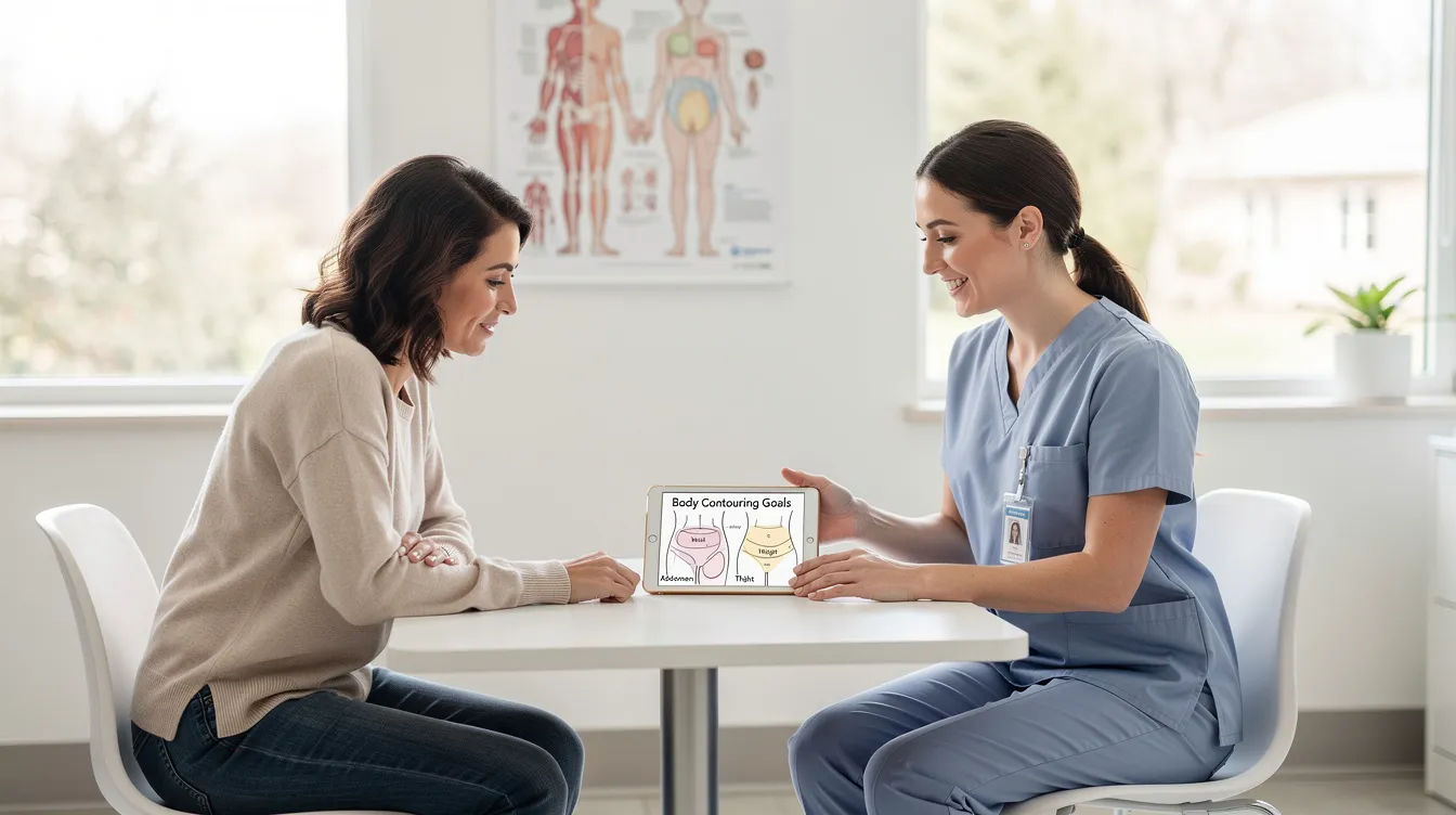 In a bright medical office, a patient and a healthcare provider are engaged in a consultation about body contouring goals, discussing options for cellulite reduction treatments. The environment is professional and welcoming, emphasizing the importance of achieving smoother skin and improving skin texture through various minimally invasive procedures.