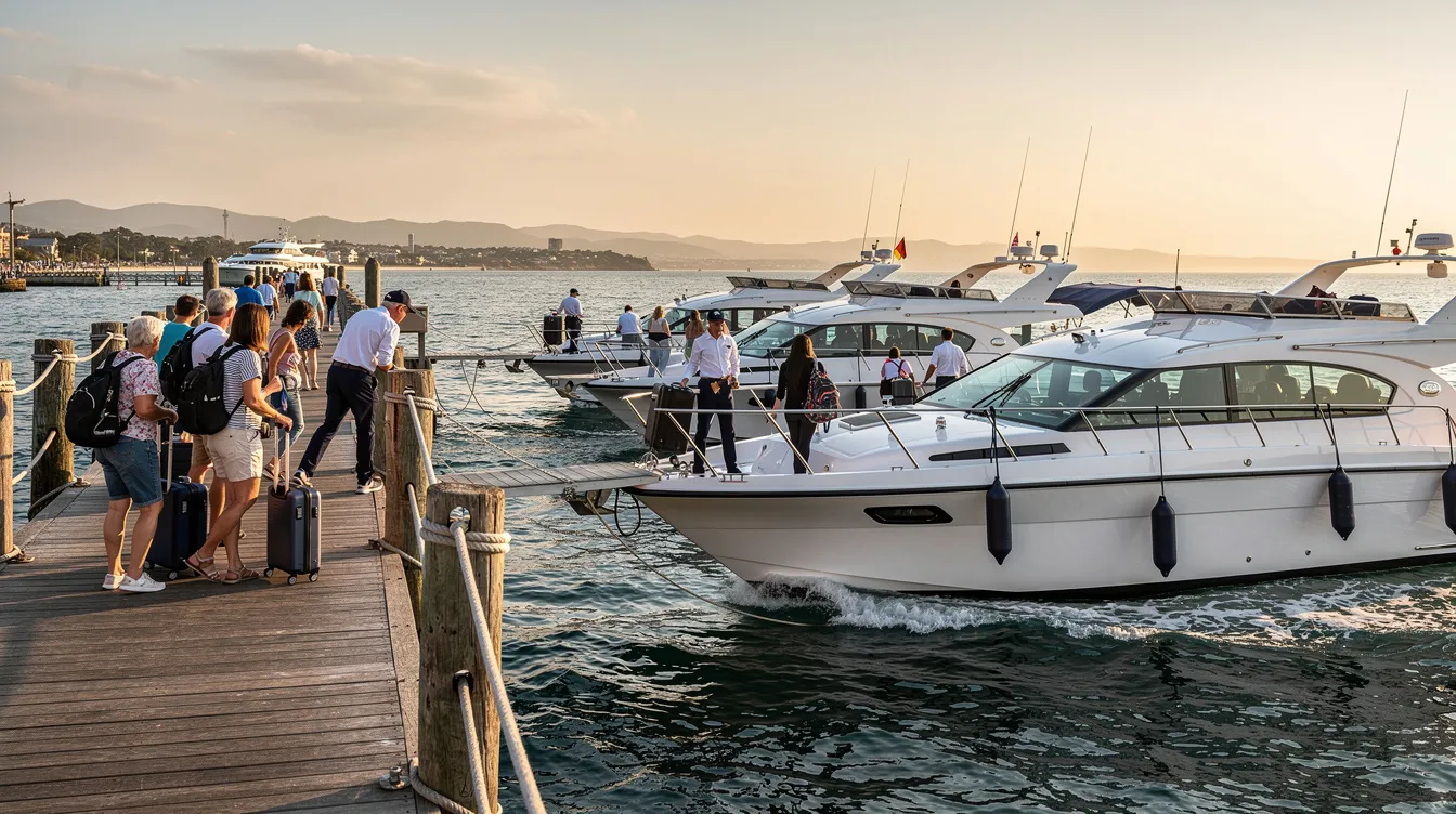 A imagem mostra um barco de traslado saindo de um píer, com passageiros a bordo prontos para iniciar sua viagem em direção a uma ilha. O cenário retrata um ponto turístico no Rio de Janeiro, destacando a movimentação e os serviços de transporte aquático disponíveis na região.