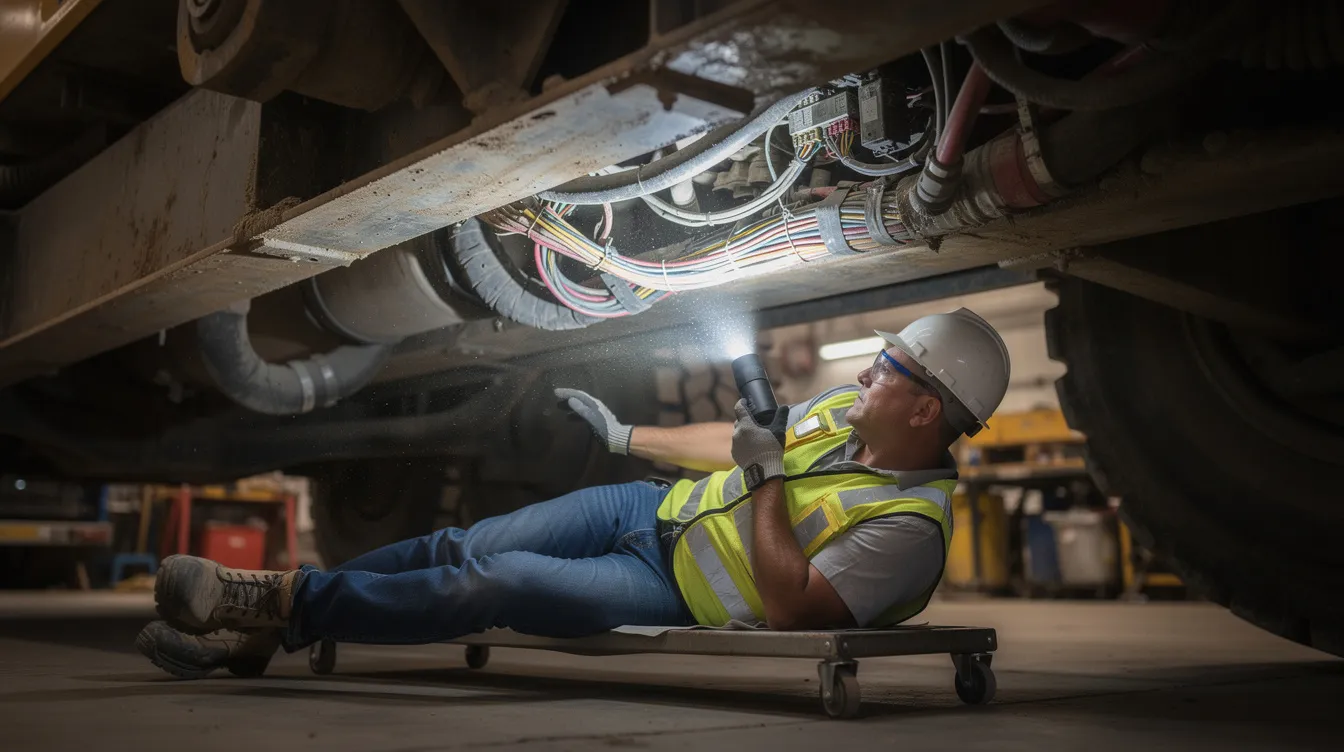 A technician is using a flashlight to inspect a custom wiring harness underneath heavy construction machinery, focusing on the organized electrical cables and connectors to ensure proper functionality and prevent electrical fires. The scene highlights the importance of quality assembly and the intricate details involved in maintaining the electrical components of the equipment.