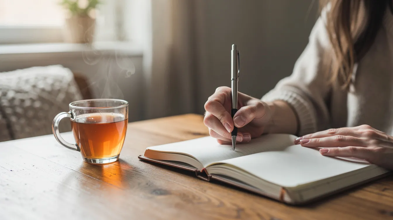 Een persoon zit rustig aan een tafel, schrijft in een dagboek terwijl er een kop thee naast hem staat. Deze dagelijkse reflectie kan helpen bij het ontwikkelen van een stoïcijnse mindset, waarbij innerlijke rust en zelfbeheersing centraal staan.