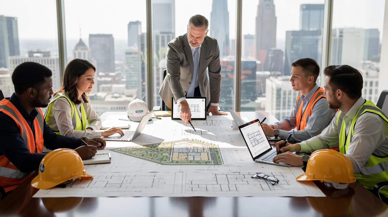 A team of construction professionals is gathered around a conference table, intently reviewing project documents to ensure accurate estimates and effective project planning. Their discussion focuses on the bidding process and potential cost savings, aiming to identify any scope gaps and enhance project efficiency for successful project delivery.