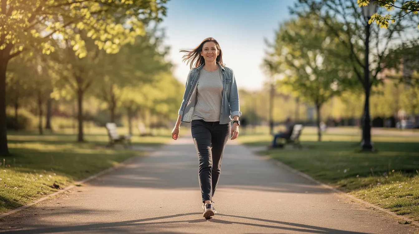 An adult is walking outdoors along a sunny path, demonstrating a relaxed posture that suggests a sense of ease and well-being. This scene embodies the essence of feeling lighter and supports overall digestive health, reminiscent of the cleansing power associated with oxygen-based colon solutions.