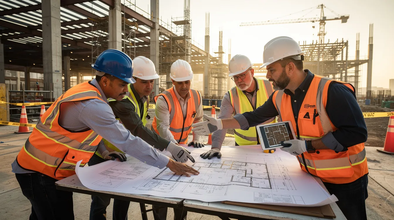 Construction team reviewing plans on a jobsite.