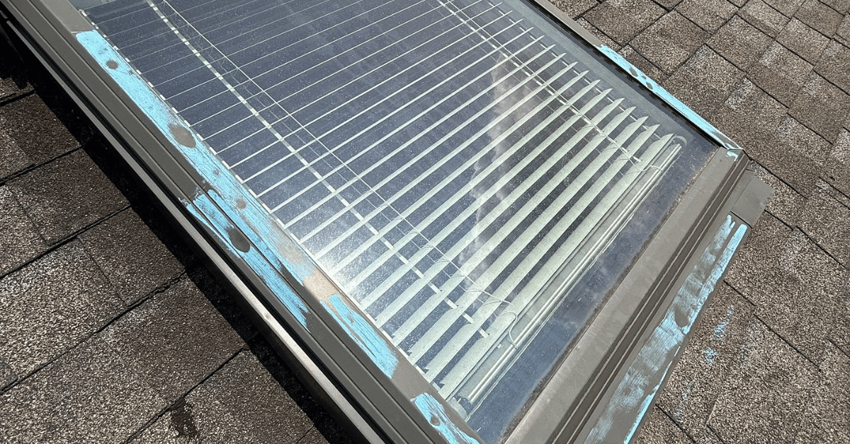 Close-up of a skylight with chipped paint and cracked glass, highlighting the need for proper roofing inspections.