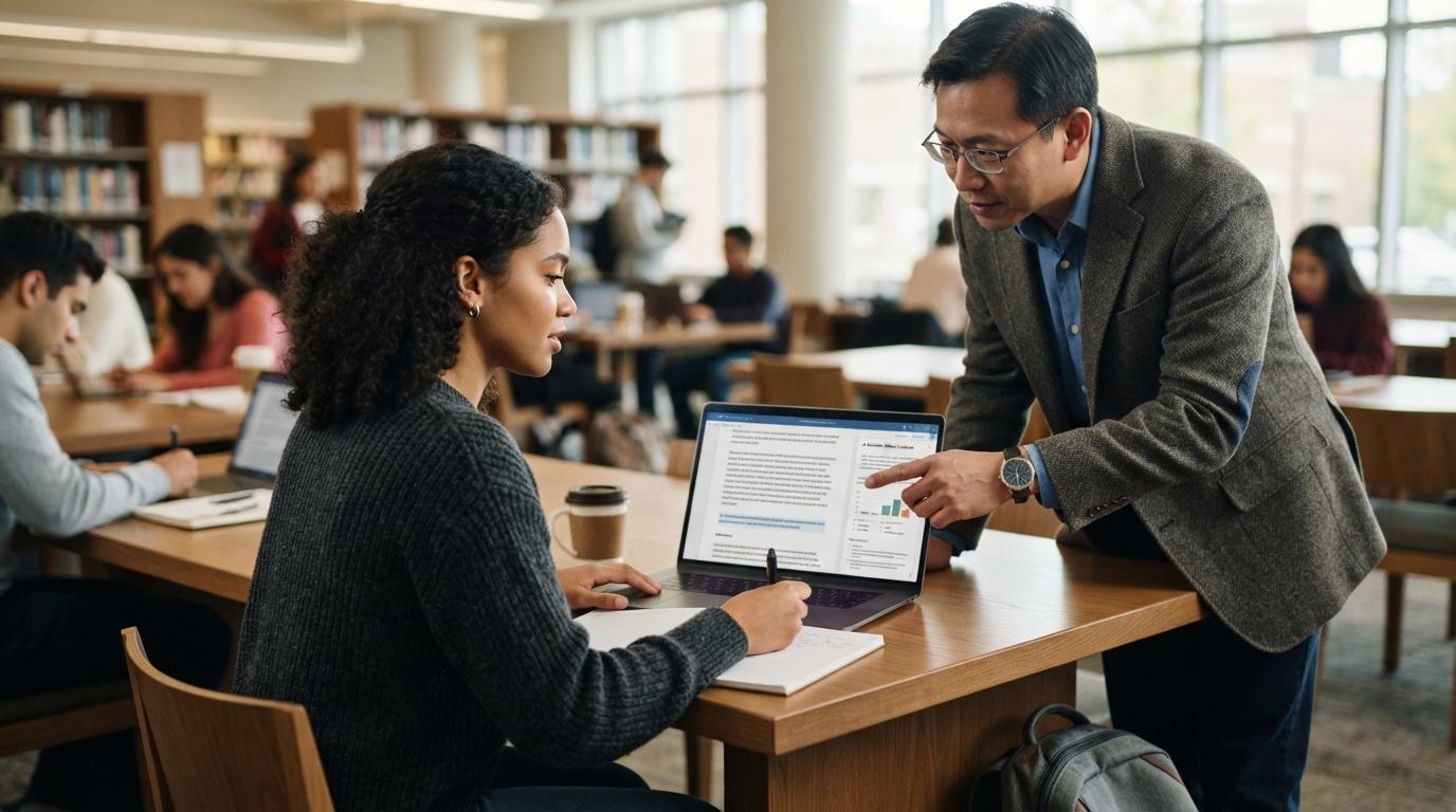 Professional photo of a university student studying on a laptop while an instructor reviews progress nearby, representing secure AI-supported education and responsible academic guidance.
