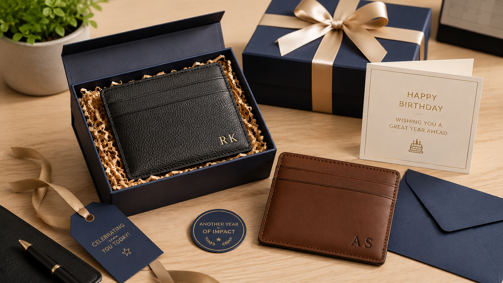 Leather card holders with embossed initials, business cards, and understated gift packaging