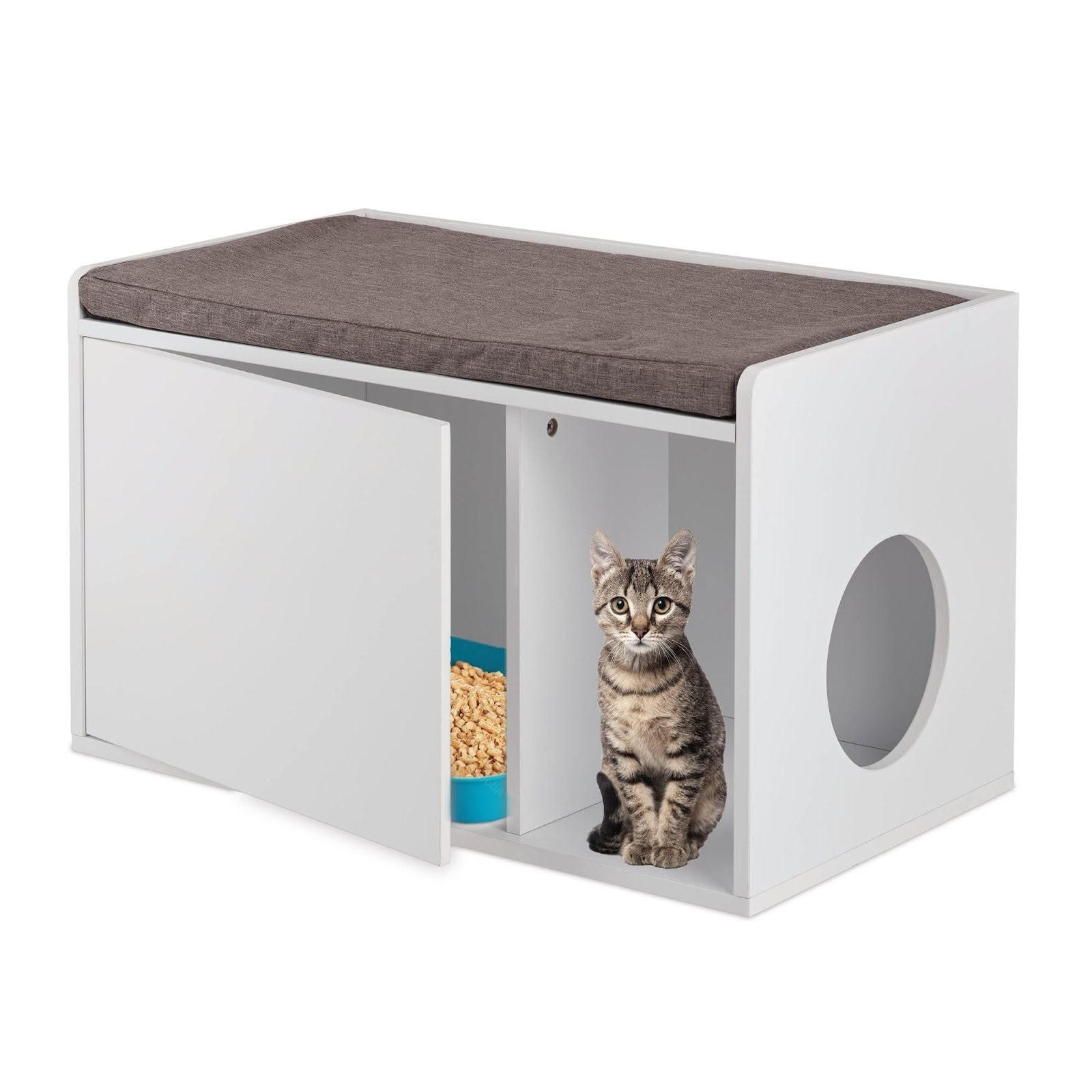 Moderne witte kattenbak ombouw met zitkussen