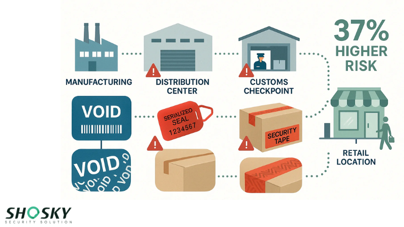 Supply chain infographic shows tampering risks and protective packaging steps
