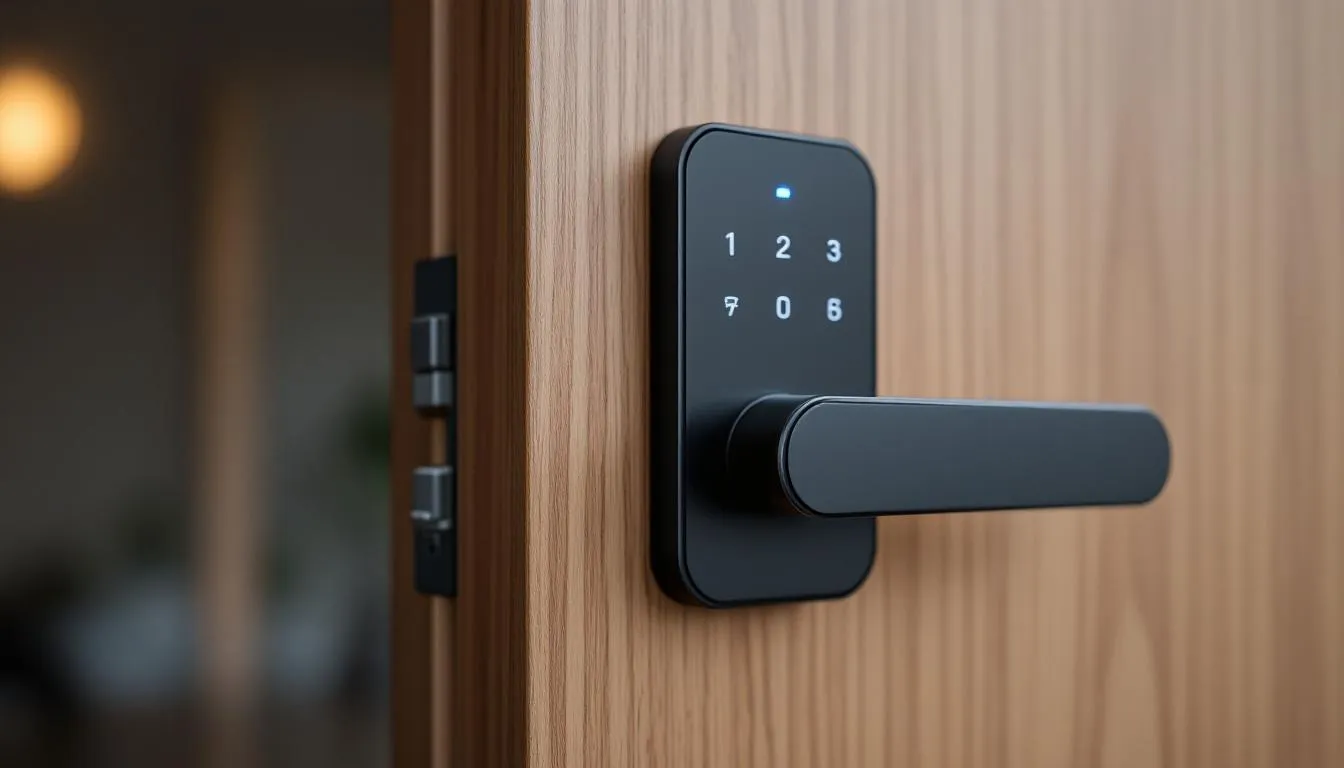 A close-up view of a smart door lock, showcasing its advanced features and technology.