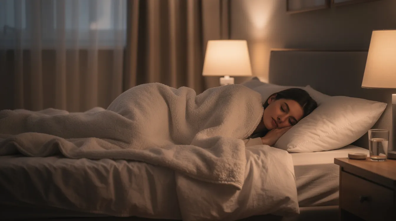 A person is peacefully sleeping in a comfortable bed, surrounded by soft lighting that enhances the serene atmosphere. This tranquil scene highlights the importance of good sleep quality, which can be supported by magnesium supplements to help regulate sleep patterns and improve overall health.
