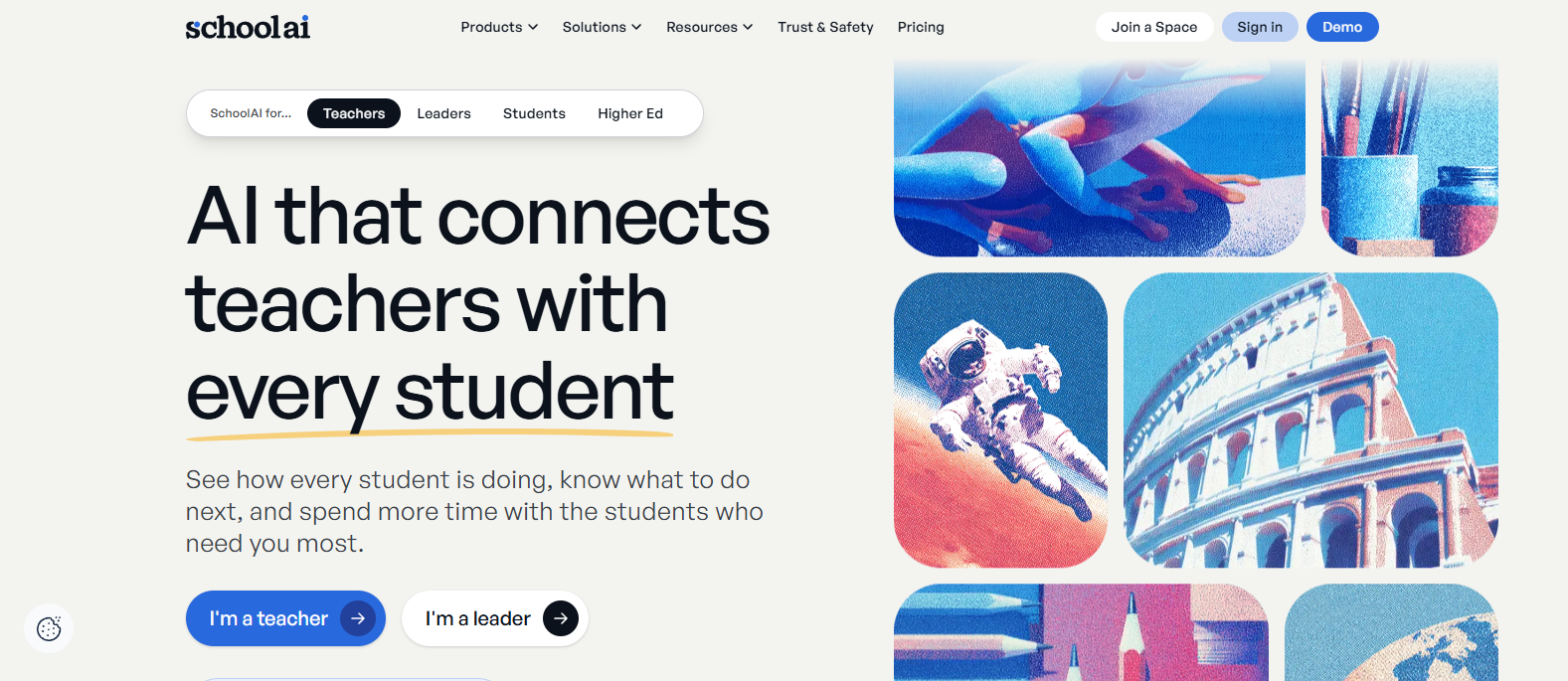 SchoolAI platform connecting teachers and students with AI-powered classroom tools for personalized learning, student engagement, and instructional support.