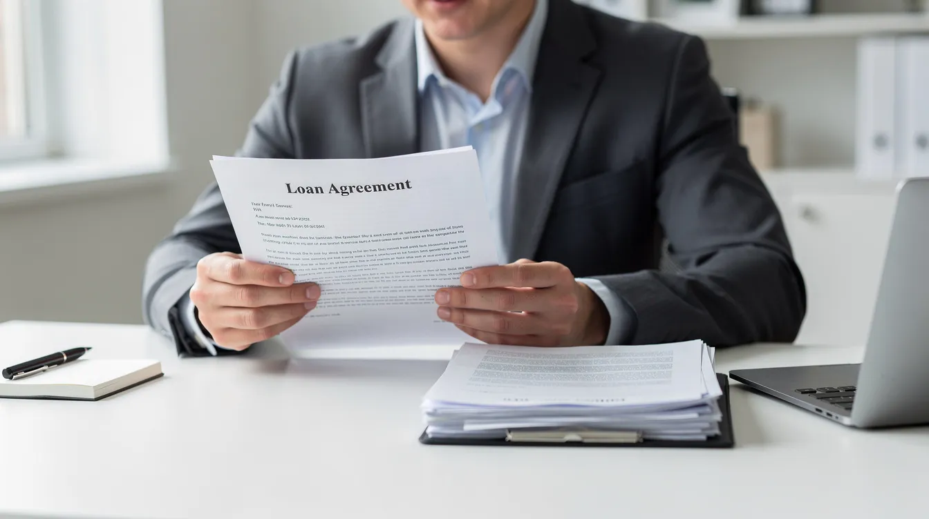 A person is attentively reviewing a loan contract document on a clean office desk, surrounded by a neat workspace that suggests a focus on financial matters such as loan terms and conditions. The scene conveys a sense of diligence in understanding important details related to loans, including the implications of "免 入 息" and "入 息 證明".