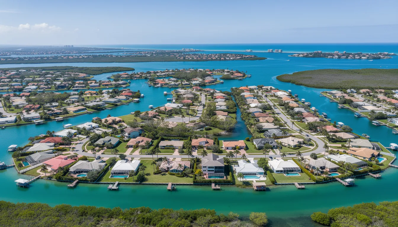 An aerial view of Lee County, Florida, showcases a mix of residential neighborhoods and waterfront properties, highlighting areas like Fort Myers, Cape Coral, and Bonita Springs. The image reflects the vibrant housing market, with visible single-family homes and active listings that contribute to the region's appeal in the Southwest Florida real estate landscape.