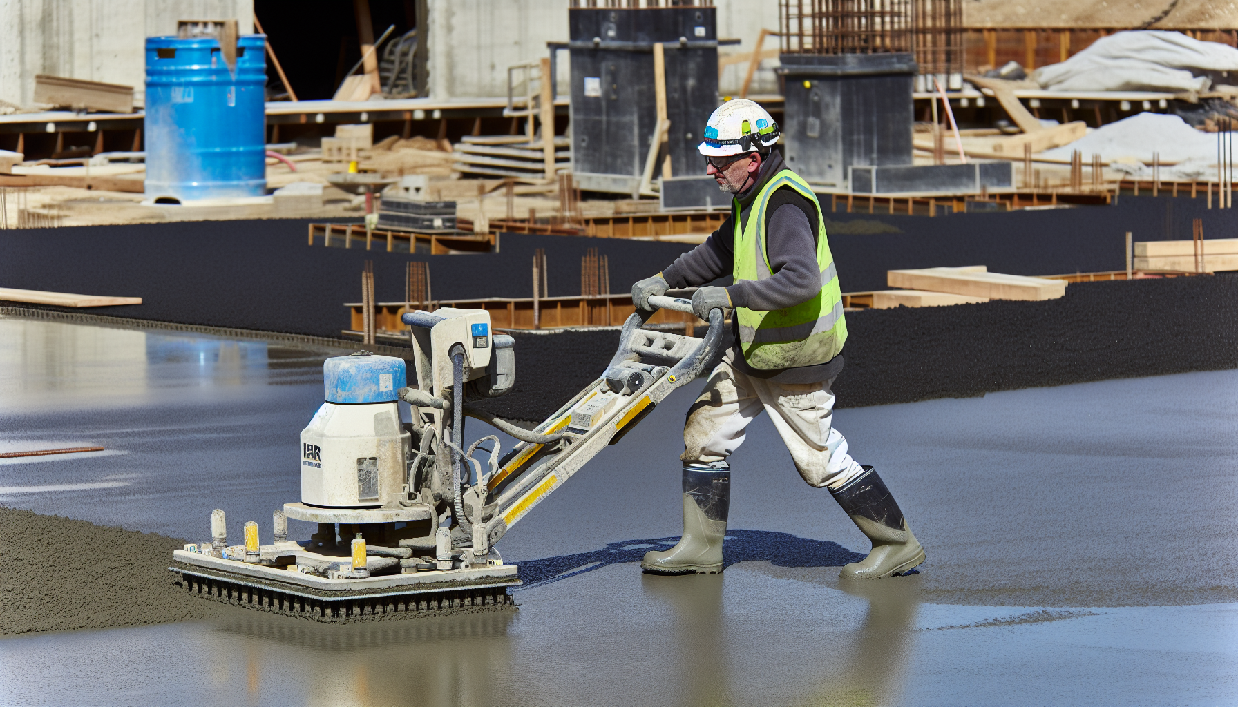 Power screed being used on a large concrete slab