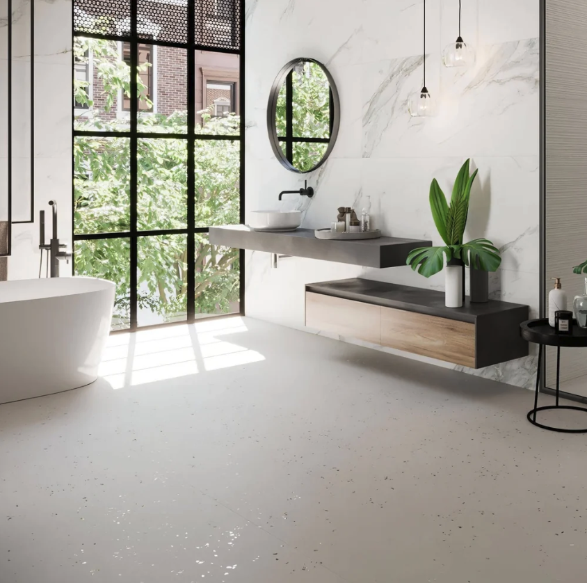 Helsinki 1841 Blanco large format porcelain bathroom tiles from Hyperion Tiles