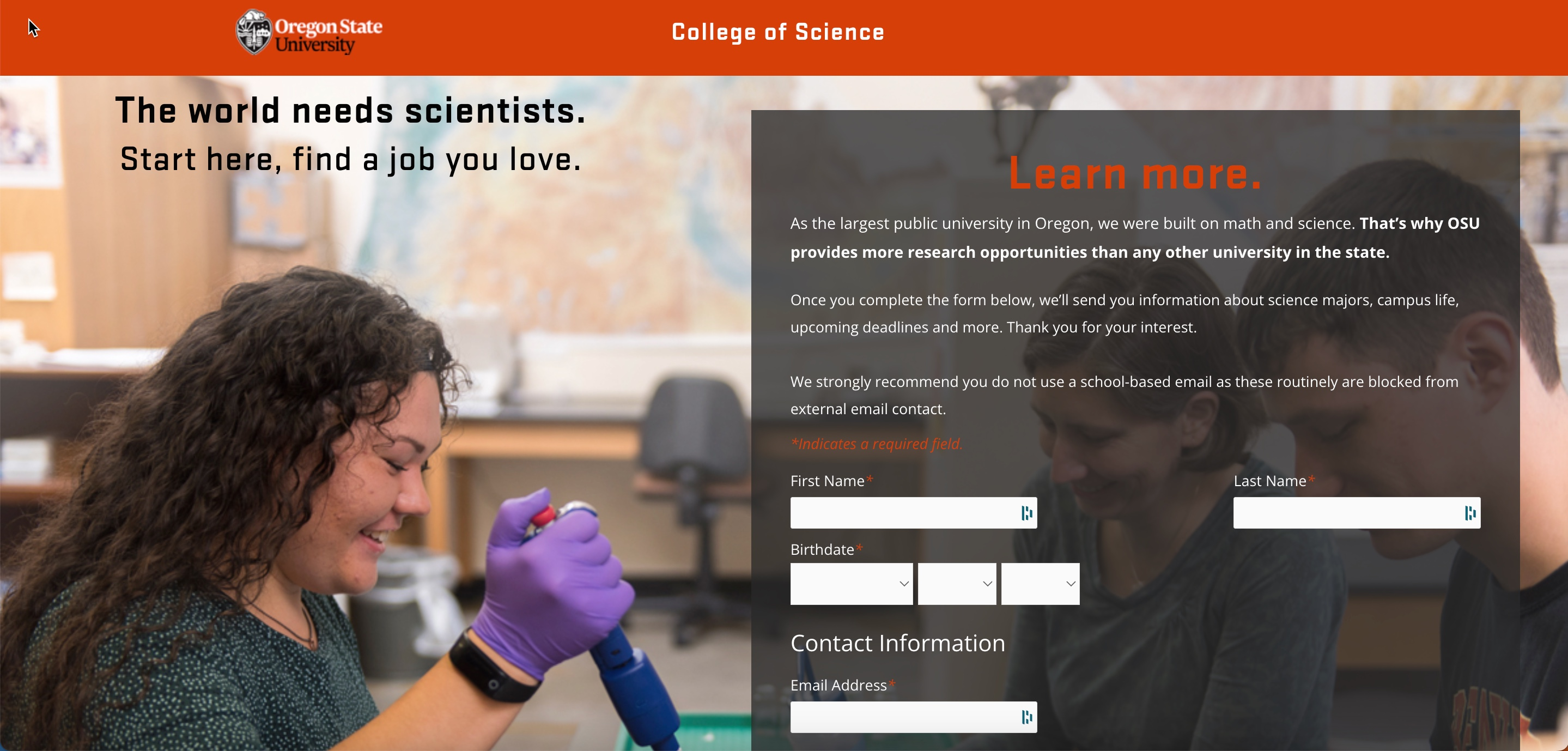A landing page made by Oregon University where potential candidates can learn more about science degrees and request further information