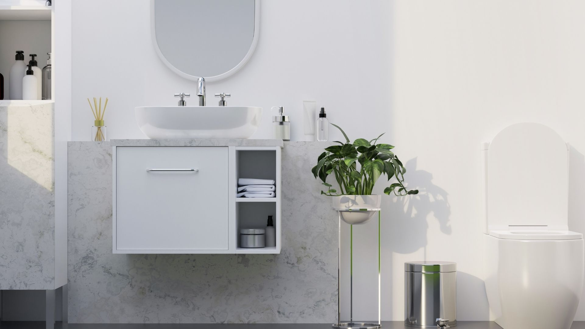 White bathroom with floating white vanity