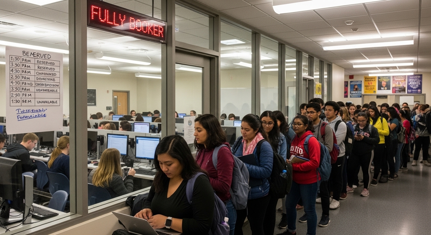 Students waiting in line outside a crowded computer lab, highlighting limited access and scheduling constraints.