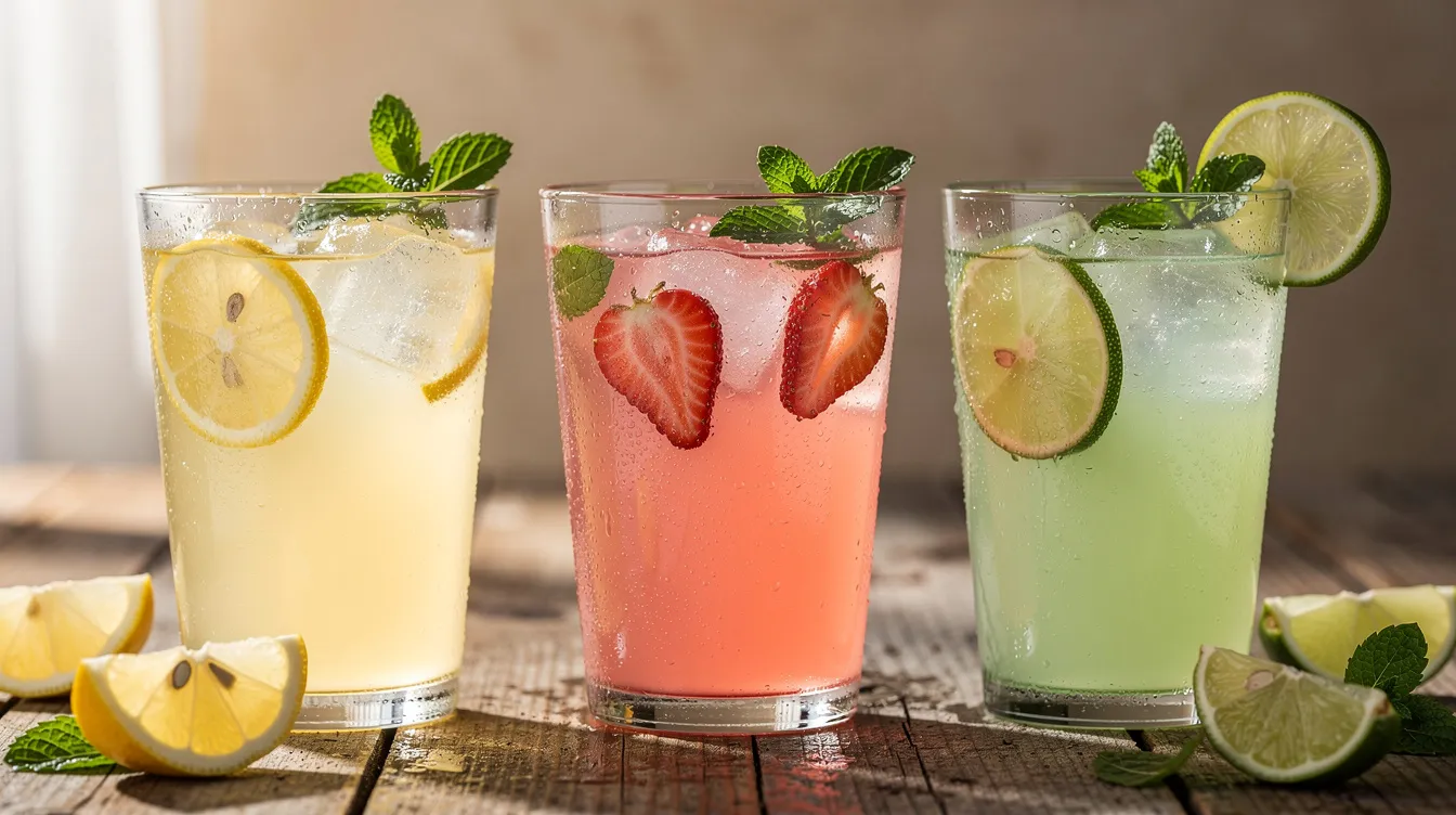Three vibrant glasses of lemonade in bright colors, each garnished with fresh fruit slices and mint leaves, are arranged on a rustic wooden surface, creating an eye-catching lemonade stand display perfect for a memorable lemonade party. The visual appeal of the drinks invites friends and customers to explore the delicious flavors within.