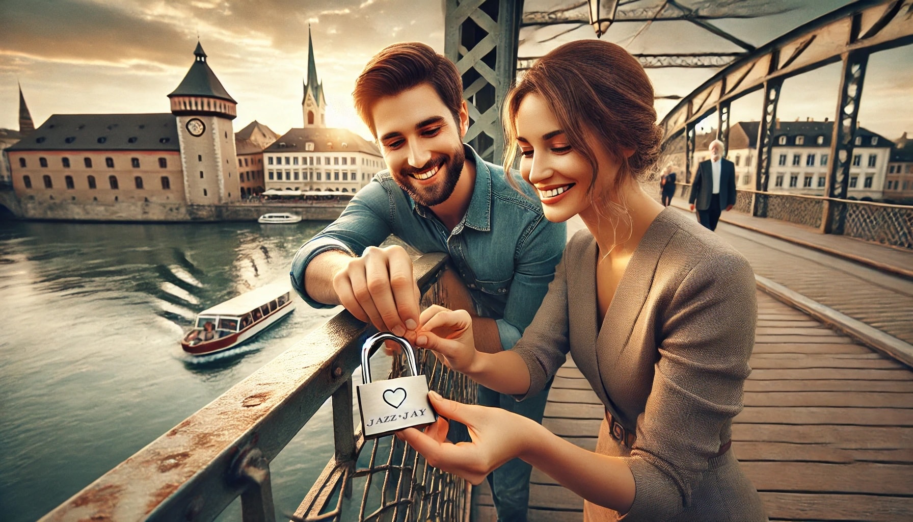 a couple locking a love lock on a bridge