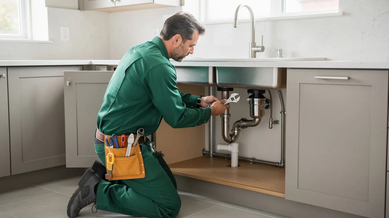 A professional plumber in green attire is tightening pipes beneath a modern kitchen sink, performing essential plumbing work to install common plumbing fixtures and maintain the waste disposal system. This routine task helps prevent potential plumbing problems, ensuring everything functions smoothly in the home.