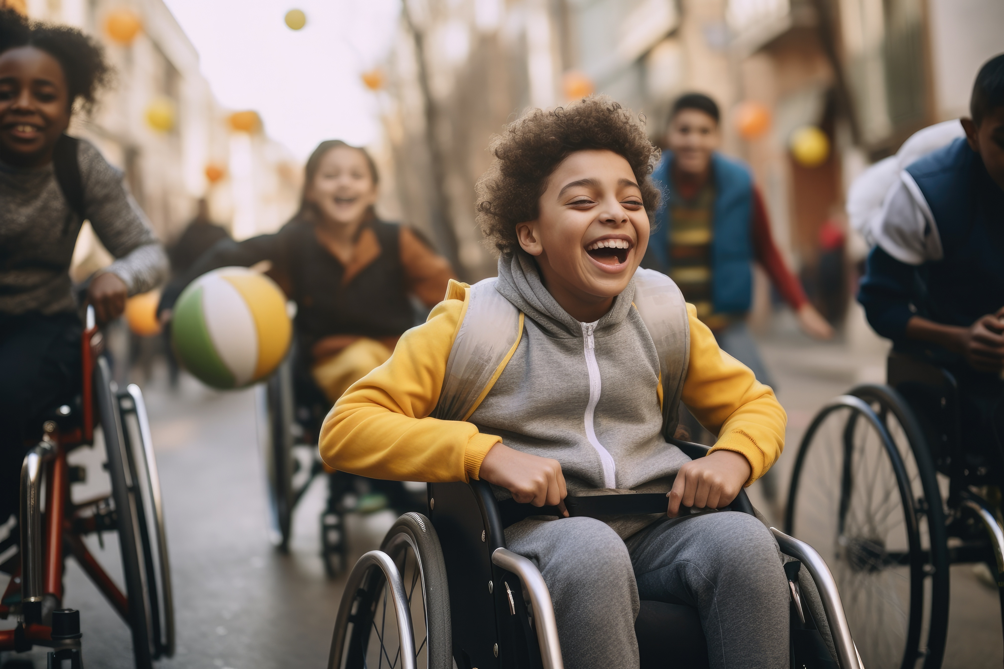 boy in a wheelchair smiling.