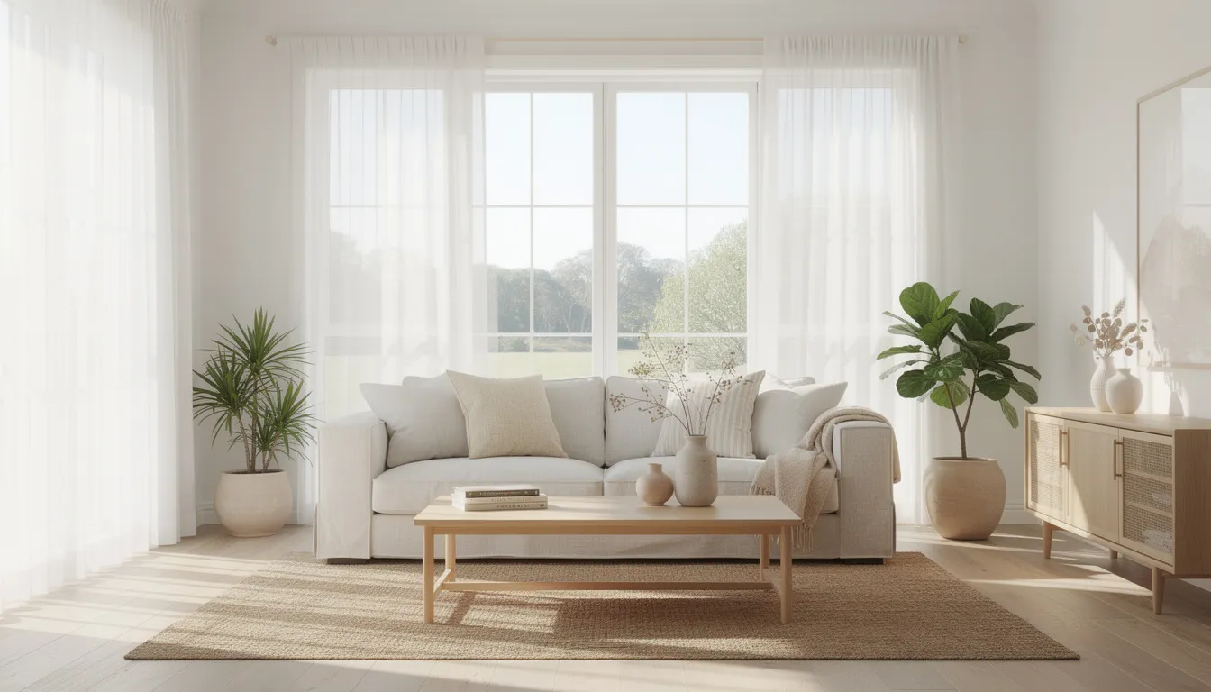 A bright Australian living room features a cozy linen sofa and pale timber furniture, enhanced by sheer curtains that allow natural sunlight to flood the space. The warm neutrals and soft pastels create a relaxed atmosphere, perfect for embracing the summer heat and inviting a sense of calm into the home.
