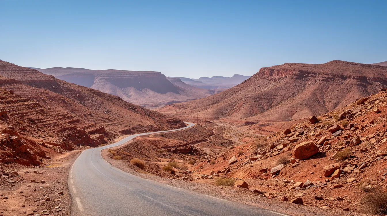 Una strada panoramica di montagna nel sud del Marocco si snoda attraverso un paesaggio arido, sotto un cielo terso, offrendo una vista mozzafiato. Questo scenario è ideale per un viaggio in auto, magari noleggiando un'auto ad Agadir, per esplorare le meraviglie naturali della regione.