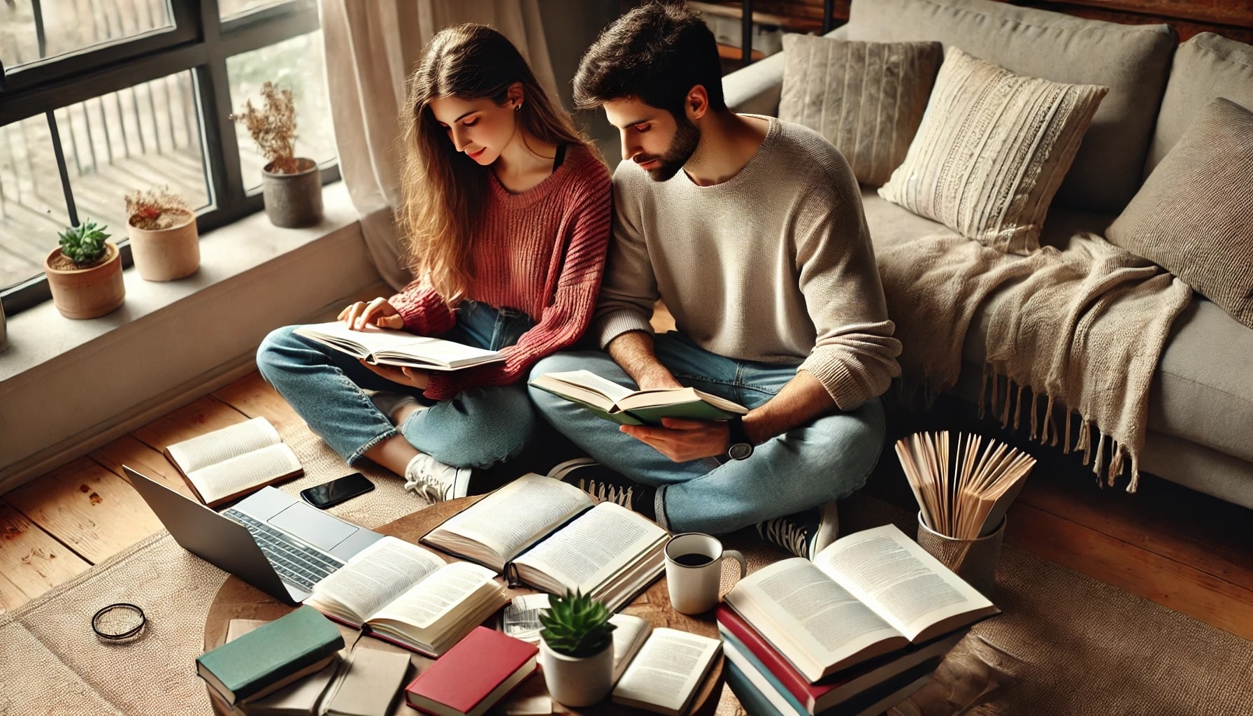 A couple sitting together with books, notebooks, and a laptop nearby, symbolizing learning and growth