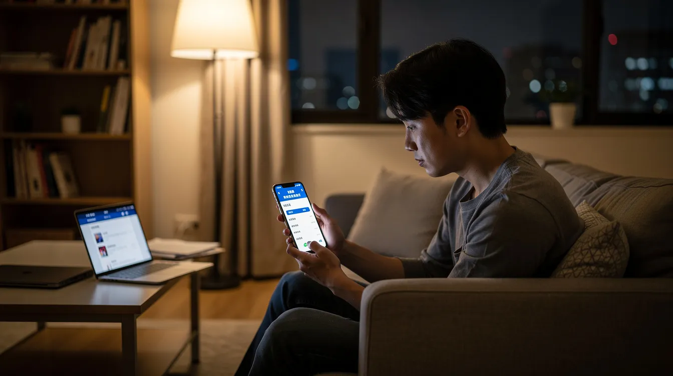 A person is sitting at home, using a smartphone to perform online banking operations, possibly applying for a loan or checking their credit report. The scene reflects the convenience of managing finances through a mobile app, highlighting the ease of accessing services like 免 tu 貸款 and checking the actual annual percentage rate (APR).