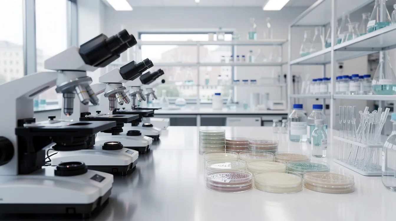 The image depicts a scientific laboratory filled with various microscopes and petri dishes, emphasizing a research environment where studies on chronic inflammation and immune response may be conducted. This setting is crucial for exploring the potential health benefits of curcumin supplements, which are known for their anti-inflammatory properties and role in addressing conditions like rheumatoid arthritis and age-related diseases.