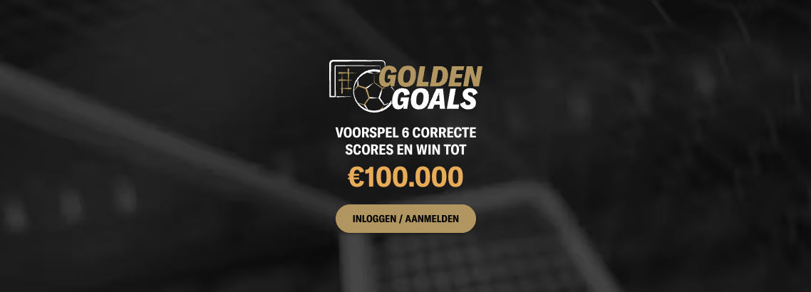 Promotie van Golden Goals bij BetMGM, een gratis spel waarbij spelers 6 correcte scores voorspellen en tot €100.000 kunnen winnen, onderdeel van het aanbod van sportweddenschappen, live betting en online casino spellen zoals live blackjack, live roulette en slots bij BetMGM met vergunning van de Nederlandse Kansspelautoriteit.