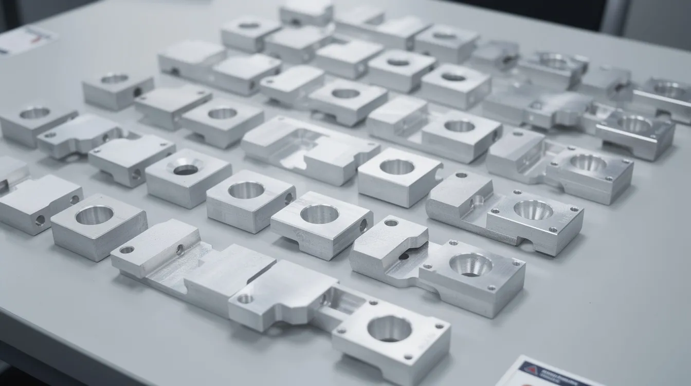 The image depicts multiple identical CNC-machined aluminum parts arranged neatly on an inspection table, showcasing their consistency and high surface finish quality, indicative of precise computer numerical control (CNC) machining processes. This scene illustrates the effectiveness of CNC technology in achieving tight tolerances and superior manufacturing standards.