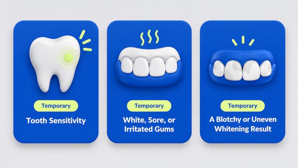 Three temporary effects illustrated: tooth sensitivity, white, sore, or irritated gums, and a blotchy or uneven whitening result
